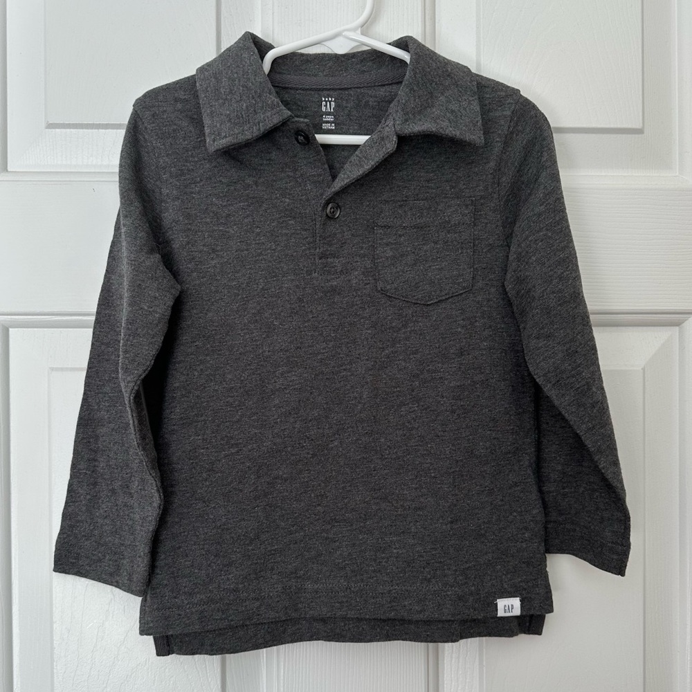 NWT Baby Gap Kids Boys Charcoal Gray Long Sleeve Polo Collared Shirt Cotton Sz 4